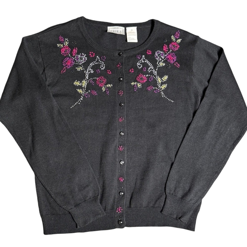 Erika Studio Womens Small Floral Embroidered Beaded Cardigan Black Ramie Cotton